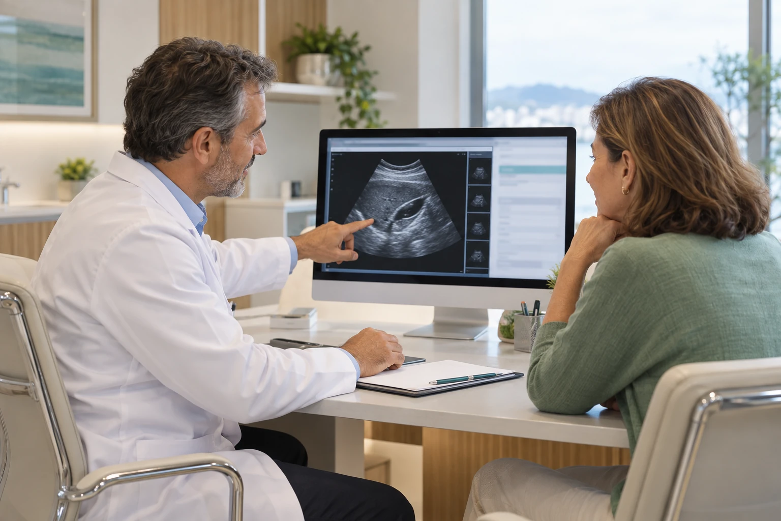 Cena ilustrativa de um médico explicando imagens de ultrassom a uma paciente durante a consulta