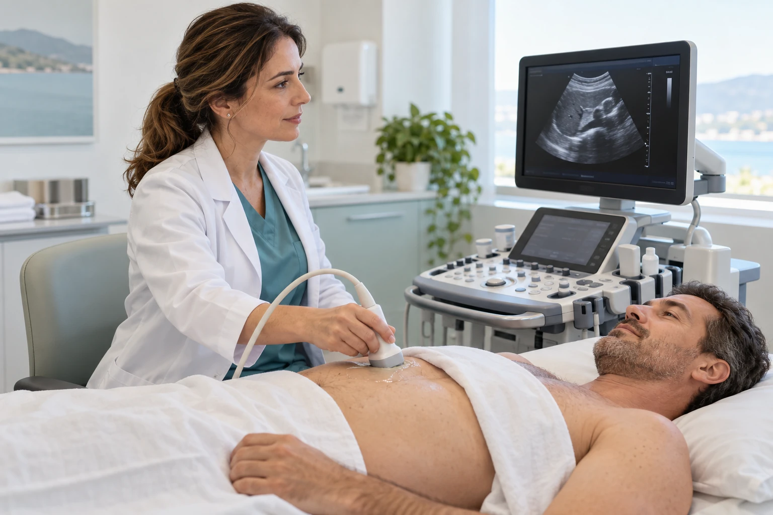 Cena ilustrativa de uma médica realizando ultrassonografia abdominal em um paciente